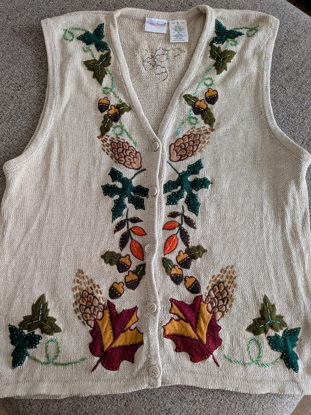 Bobbie Brooks Autumn Fall Embroidered Cream Women’s Sweater Vest XL